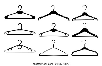 a set of clothes hangers, badges