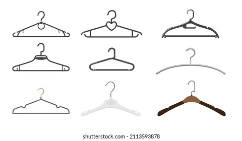 Set of clothes hangers different form on white background. Vector plastic, metal and wood hangers in cartoon style.