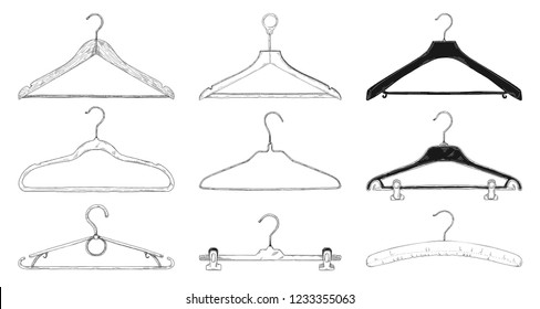 Set of clothes hangers isolated on a white background. Vector