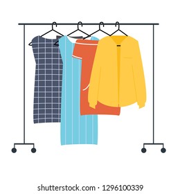 A set of clothes hanging on the hanger. Women's clothing is stored on an open hanger. Vector illustration, isolate on white background.