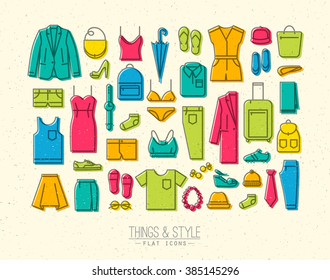 Set of clothes icons in flat retro style drawing with color and grey lines on beige background