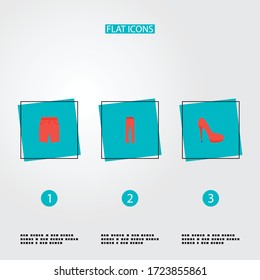 Set Kleidungssymbole flach mit Stiletto, Shorts, Hosen und anderen Symbolen für Ihr Web Mobile App Logo-Design.