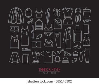 Set of clothes icons in flat style drawing with white lines on black background