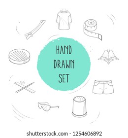 Set of clothes icons line style symbols with shorts, thimble, zipper and other icons for your web mobile app logo design.