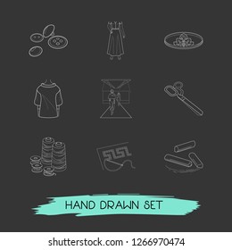 Set of clothes icons line style symbols with spool, long skirt, diadem and other icons for your web mobile app logo design.