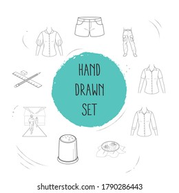 Set of clothes icons line style symbols with mid sleeve shirt, embroideries, drawing and other icons for your web mobile app logo design.