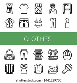 Set of clothes icons such as Blouse, Shirt, Tshirt, Swimming trunks, Sweater, Bikini, Boxer, Jeans, Sweatshirt, Dress, Gym bag, Jacket, Trousers, Thread, Hoodie, Sewing machine , clothes