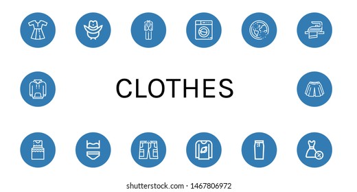 Set of clothes icons such as Dress, Cowboy hat, Tuxedo, Washing machine, Ozone, Iron, Tanktop, Underwear, Shorts, T shirt, Pencil skirt, Hoodie, Skirt , clothes