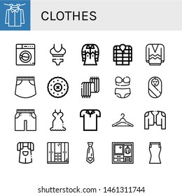 Set of clothes icons such as Laundry, Washing machine, Bikini, Shirt, Anorak, Long sleeve, Skirt, Embroidery, Scarf, Baby, Shorts, Dress Hanger, Coat, Jumper , clothes