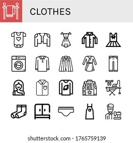 Set of clothes icons. Such as Clothes line, Baby clothes, Coat, Dress, Shirt, Washing machine, shirt, Kimono, Bathrobe, Trousers, Troglodyte, Ironed, T shirt , icons