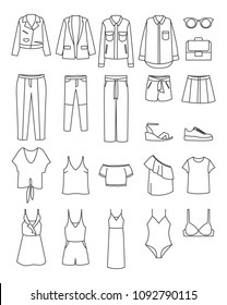 Set of clothes icons, thin line style. Clothing outline,monochrome icons in set collection for design.  