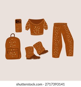 conjunto de roupas e itens com mochila de pele de rena
botas, suéter, calças, estojo para telefone 
