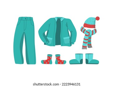 Set of clothes,  jacket, pants, hat, scarf and shoes.   Jeans. Vector flat illustration with isolated background.	