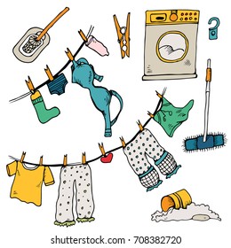 Set of clothes. The laundry is dried in the fresh air. Vector illustration. Funny things are added to the clothesline. Cheerful illustration for design with humor.