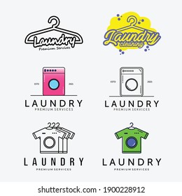 Set of Clothes Laundry Logo Vintage and Line Art, Bundle of Dry Machine Vector Illustration, Laundry Business Design, Hanger Concept