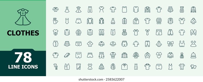 Set of Clothes line icons. It contains symbols to cloth, pants, store, fashion, jeans and more. Thin UI icon design. Minimalist vector artwork.