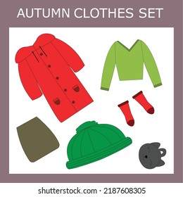 A set of clothes for a little beautiful girl in the fall:a hat,  a raincoat,  a shirt, boots,a bag,  a skirt. Outfit for a child in autumn