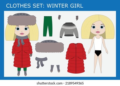 A set of clothes for a little beautiful girl for the winter: jacket, hat, scarf, boots, mittens, pants, sweater. Outfit for a child in autumn