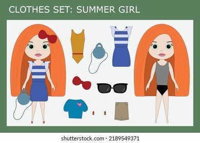 A set of clothes for a little beautiful girl for the summer: panama, skirt, t-shirt, swimsuit, flip flops, shorts, bag, sunglasses. Outfit for a child in summer