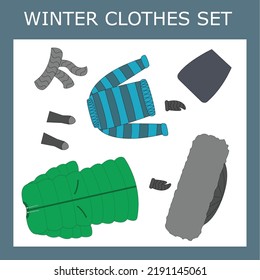 A set of clothes for a little beautiful girl for the winter: jacket, hat, scarf, boots, mittens, skirt, sweater. Outfit for a child in autumn