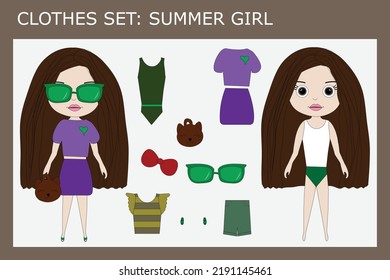 A set of clothes for a little beautiful girl for the summer: panama, skirt, t-shirt, swimsuit, flip flops, shorts, bag, sunglasses. Outfit for a child in summer