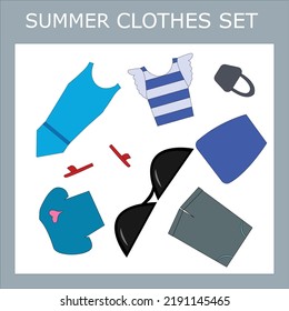 A set of clothes for a little beautiful girl for the summer: skirt, t-shirt, swimsuit, flip flops, shorts, bag, sunglasses. Outfit for a child in summer