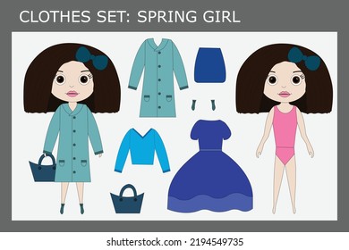 A set of clothes for a little beautiful girl in the spring: coat, dress, skirt,shirt, bag, boots. Outfit for a child in spring