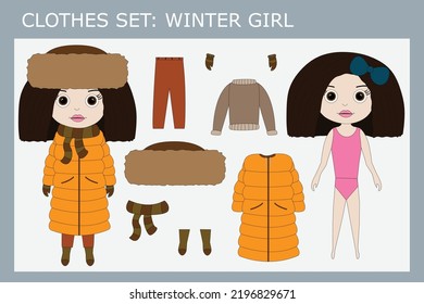 A set of clothes for a little beautiful girl for the winter: jacket, hat, scarf, boots, mittens, pants, sweater. Outfit for a child in autumn