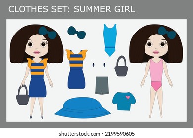 A set of clothes for a little beautiful girl for the summer: panama, skirt, t-shirt, swimsuit, flip flops, shorts, bag, sunglasses. Outfit for a child in summer