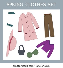 A set of clothes for a little beautiful girl in the spring: coat,  pants, hat,shirt, bag, boots. Outfit for a child in spring