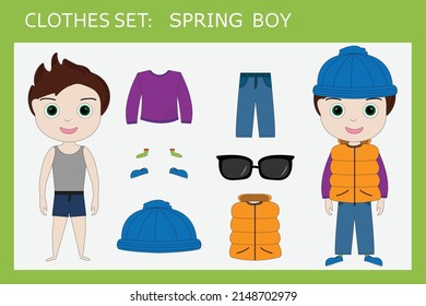 A set of clothes for a little cheerful boy for spring: sweater, pants, vest, hat, sneakers, sunglasses. Outfit for a child in the spring