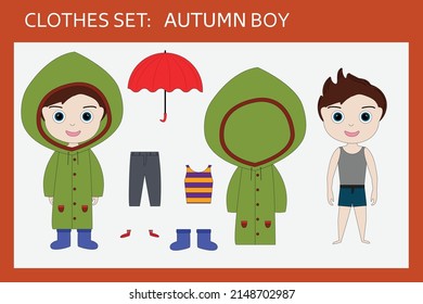 Ein Kleiderset für einen kleinen fröhlichen Jungen im Herbst: T-Shirt, Hose, Regenmantel, Regenschirm, Stiefel, Socken. Ausstattung für ein Kind im Herbst