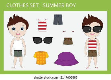 A set of clothes for a little cheerful boy for the summer: shorts, panama, t-shirt, sunglasses, flip flops