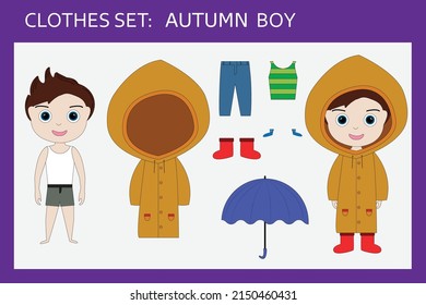 A set of clothes for a little cheerful boy for autumn: a T-shirt, pants, a raincoat, an umbrella, boots, socks. Outfit for a child for autumn