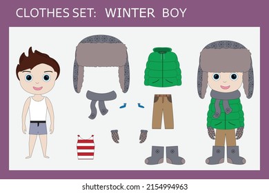 A set of clothes for a little cheerful boy for winter: T-shirt, pants, jacket, hat, scarf, mittens, boots, sweater. Outfit for a child for the winter