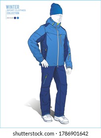 Set Of Clothes. Men's Winter Ski Suit Or Tracksuit, Snowboard Jacket And  Trousers. Realistic Vector. Sketch Of A Man.