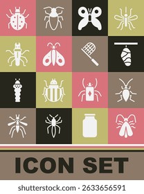 Set Clothes moth, Cockroach, Butterfly cocoon, Termite, Mite and net icon. Vector