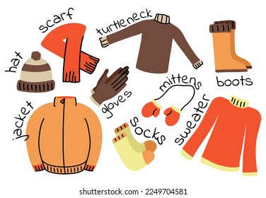 Set of clothes with the name of the element. Color image. Warm outerwear. A collection of winter things for learning words in English. Vector illustration.