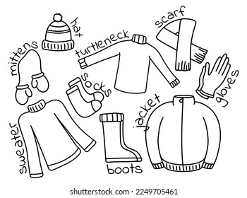 Set of clothes with the name of the item. Contour images for coloring. Warm outerwear. A collection of winter things for learning words in English. Vector illustration.