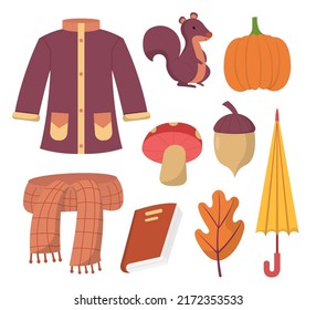 Set of clothes and object element for autumn weather in cartoon style for graphic designer creative, vector illustration