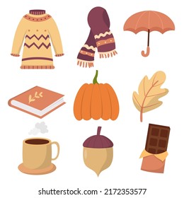 Set of clothes and object element for autumn weather in cartoon style for graphic designer creative, vector illustration