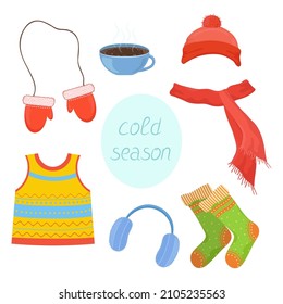 The set of clothes and objects for cold season. Flat illustrations isolated on white background.