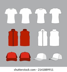 Set of clothes on a gray background. Vest jacket, T-shirt, baseball cap. Vector illustration.