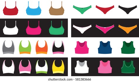 set of clothes on white and black background. Women's tops and pants of different colors without pattern