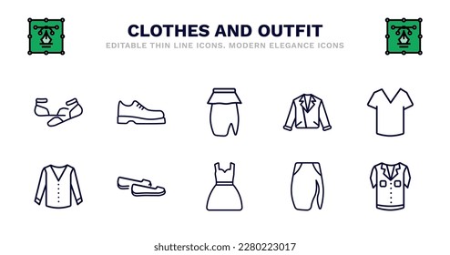 set of clothes and outfit thin line icons. clothes and outfit outline icons such as leather derby shoe, peplum skirt, leather biker jacket, v neck shirt, cotton cardigan, cotton cardigan, loafer,