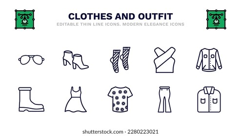 set of clothes and outfit thin line icons. clothes and outfit outline icons such as ankle boots, men socks, chiffon suffle blouse, denim jacket, wool boots, wool boots, long bandeau dress, t shirt