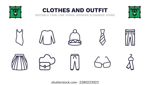 set of clothes and outfit thin line icons. clothes and outfit outline icons such as long sleeves t shirt, knit hat with pom pom, tie, oxford wave suit pants, tulle skirt, tulle skirt, hobo bag,