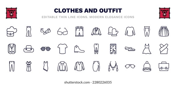 set of clothes and outfit thin line icons. clothes and outfit outline icons such as hobo bag, ballets flats, leather biker jacket, tulle skirt, shutter sunglasses, leggins, slim fit pants, hooded
