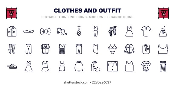 set of clothes and outfit thin line icons. clothes and outfit outline icons such as formal shirt, bow tie, jumpsuit, one shoulder dress, denim shirt, cocktail dress, sleepers, chiffon dress, denim