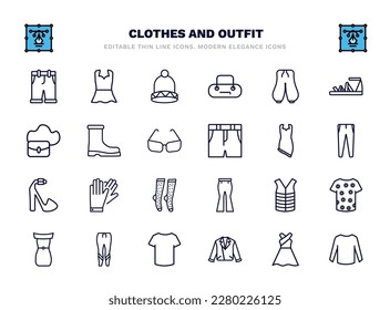 set of clothes and outfit thin line icons. clothes and outfit outline icons such as chino shorts, knit hat with pom pom, harem pants, wool boots, jersey wrap dress, leather gloves, padded vest,